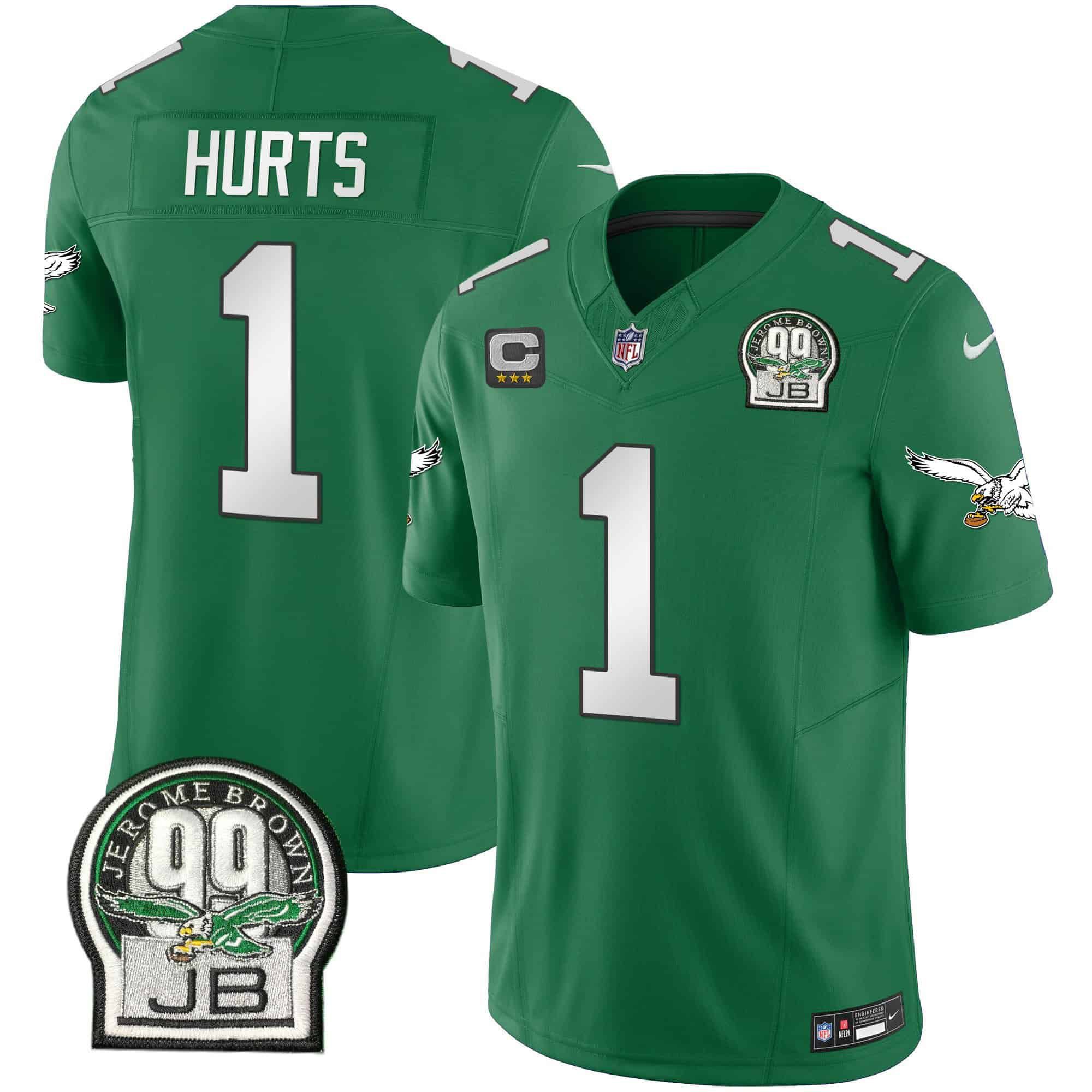 Men Philadelphia Eagles 1 Hurts Green 2024 Nike Jerome Brown Patch Alternate Limited NFL Jersey style 1
